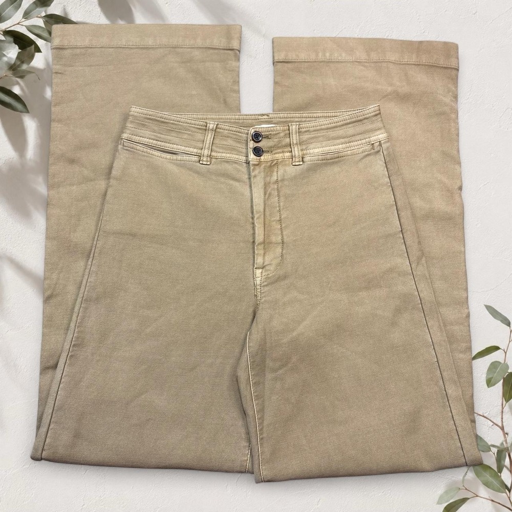 Faherty Stretch Terry Wide Leg Pants Tan Khaki High Rise Size 27 Coastal Boho
